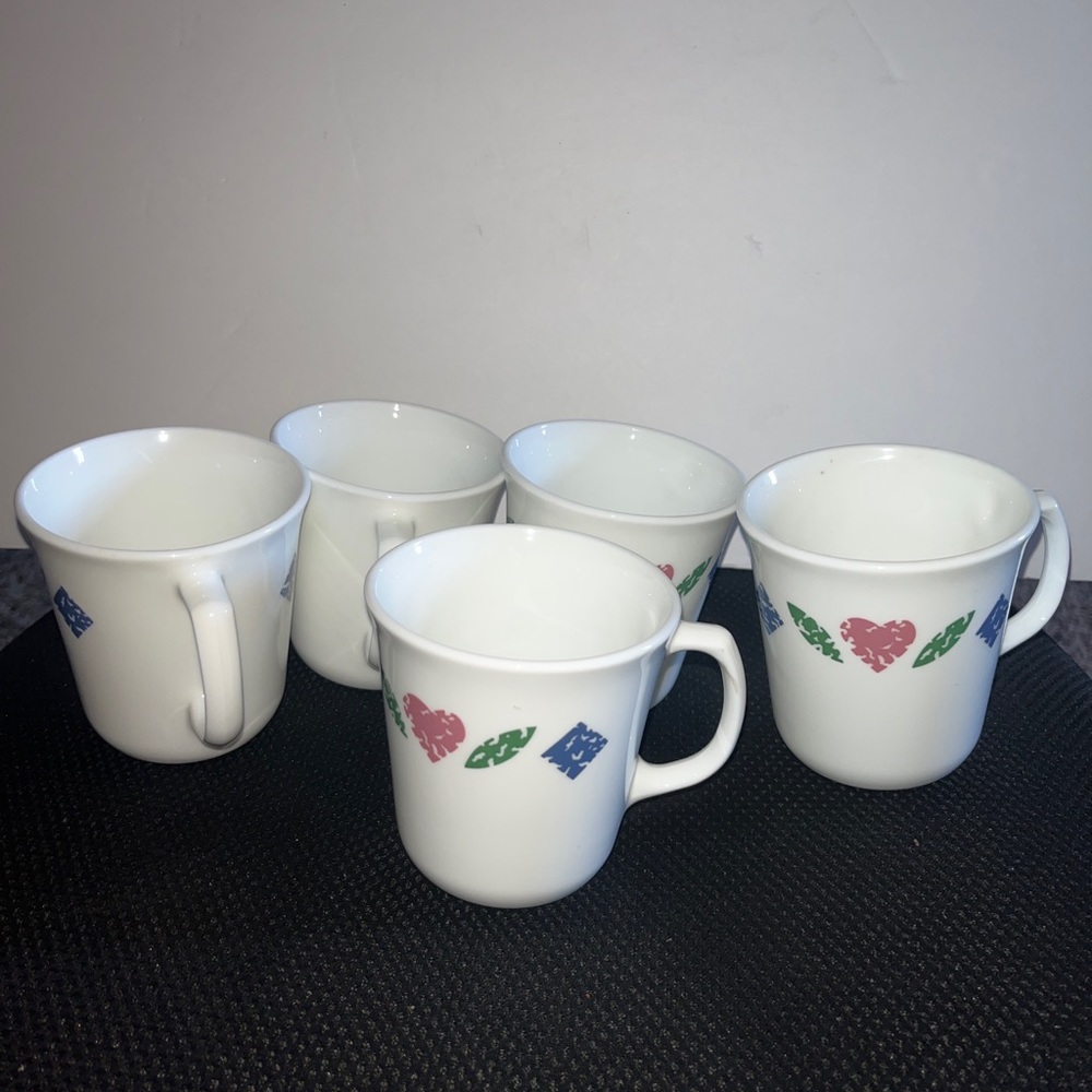 Corelle  Coffee Cocoa Mugs Retired 1994 Corning Pattern Hearts & Diamonds 5pc